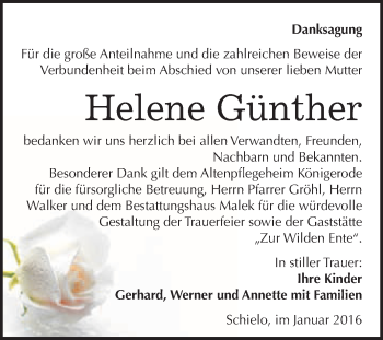 Traueranzeige von Helene Günther von WVG - Wochenspiegel Quedlinburg