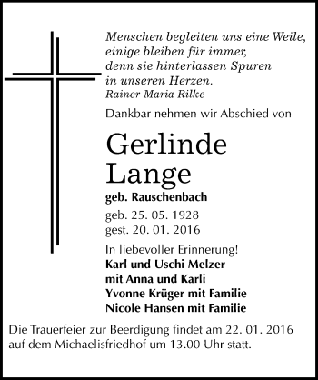 Traueranzeige von Gerlinde Lange von Mitteldeutsche Zeitung Zeitz