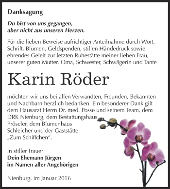 Traueranzeige von Karin Röder von Super Sonntag Bernburg