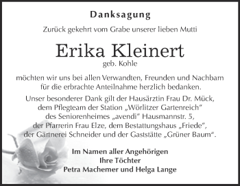 Traueranzeige von Erika Kleinert von WVG - Wochenspiegel Dessau / Köthen