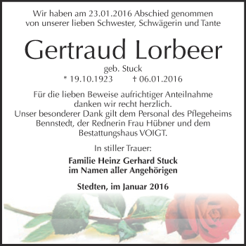 Traueranzeige von Gertraud Lorbeer von Super Sonntag SGH Mansf. Land