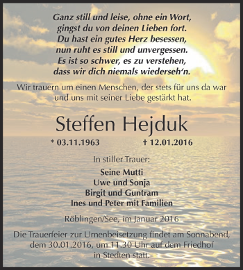 Traueranzeige von Steffen Hejduk von Wochenspiegel Mansfelder Land