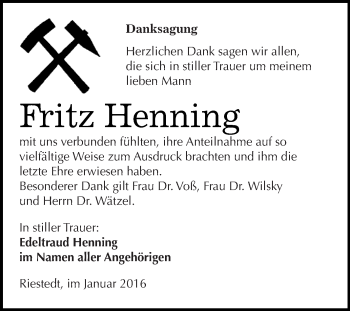 Traueranzeige von Fritz Henning von Super Sonntag SGH Mansf. Land