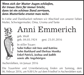 Traueranzeige von Anni Emmerich von Super Sonntag Aschersleben