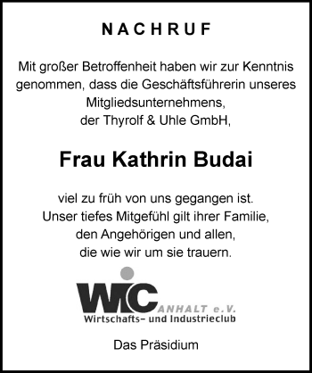 Traueranzeige von Kathrin Budai von Mitteldeutsche Zeitung Dessau-Roßlau