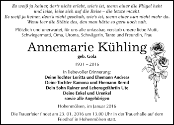 Traueranzeige von Annemarie Kühling von Mitteldeutsche Zeitung Weißenfels