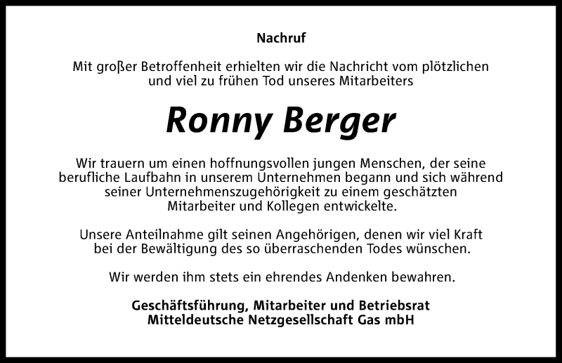  Traueranzeige für Ronny Berger vom 30.01.2016 aus Mitteldeutsche Zeitung Mansfelder Land