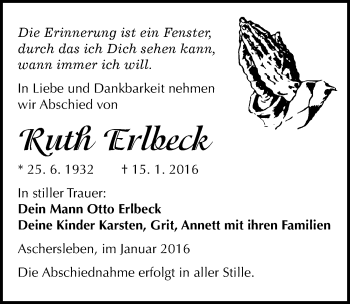 Traueranzeige von Ruth Erlbeck von Mitteldeutsche Zeitung Aschersleben