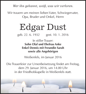 Traueranzeige von Edgar Dust von Mitteldeutsche Zeitung Weißenfels