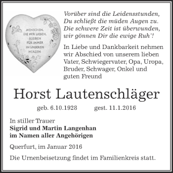 Traueranzeige von Horst Lautenschläger von Super Sonntag Merseburg