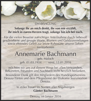 Traueranzeige von Annemarie Bachmann von WVG - Wochenspiegel Dessau / Köthen