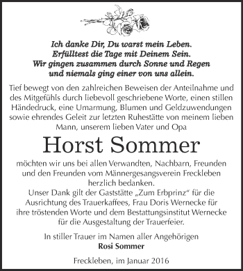 Traueranzeige von Horst Sommer von WVG - Wochenspiegel Bernburg