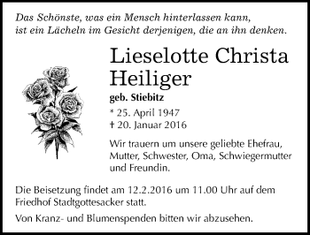 Traueranzeige von Lieselotte Christa Heiliger von Mitteldeutsche Zeitung Halle/Saalkreis