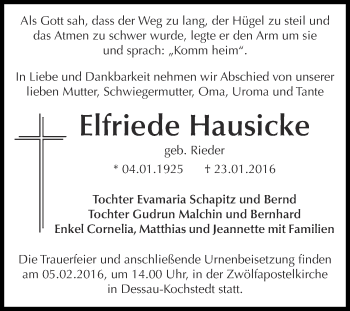 Traueranzeige von Elfriede Hausicke von WVG - Wochenspiegel Dessau / Köthen