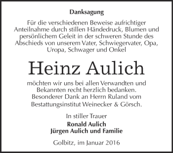 Traueranzeige von Heinz Aulich von Super Sonntag Bernburg