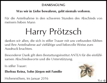 Traueranzeige von Harry Prötzsch von WVG - Wochenspiegel NMB / WSF / ZTZ