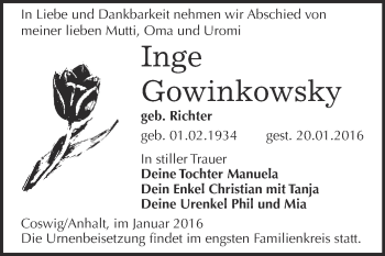 Traueranzeige von Inge Gowinkowsky von Super Sonntag Wittenberg