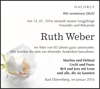 Traueranzeige von Ruth Weber von Super Sonntag Merseburg