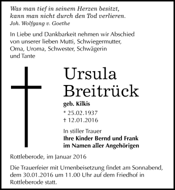 Traueranzeige von Ursula Breitrück von Mitteldeutsche Zeitung Sangerhausen