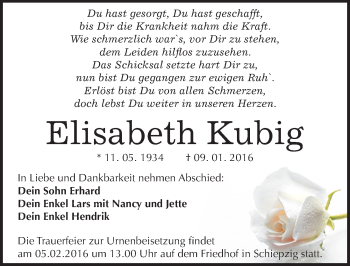 Traueranzeige von Elisabeth Kubig von Mitteldeutsche Zeitung Halle/Saalkreis