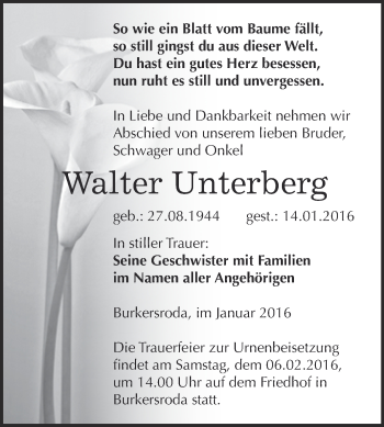 Traueranzeige von Walter Unterberg von WVG - Wochenspiegel NMB / WSF / ZTZ