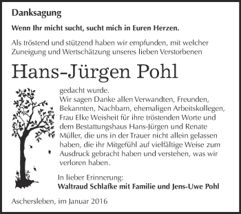 Traueranzeige von Hans-Jürgen Pohl von Super Sonntag Aschersleben