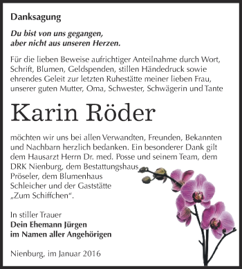 Traueranzeige von Karin Röder von Super Sonntag Bernburg