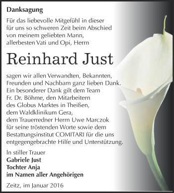 Traueranzeige von Reinhard Just von Super Sonntag Zeitz