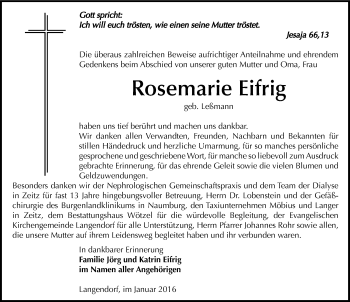 Traueranzeige von Rosemarie Eifrig von Mitteldeutsche Zeitung Zeitz