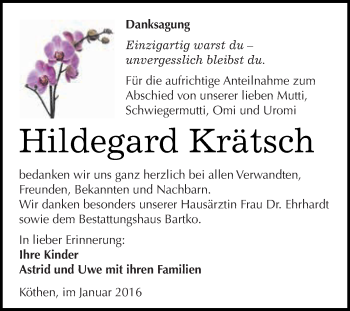 Traueranzeige von Hildegard Krätsch von WVG - Wochenspiegel Dessau / Köthen