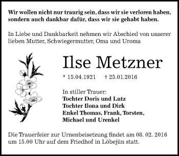 Traueranzeige von Ilse Metzner von Mitteldeutsche Zeitung Halle/Saalkreis