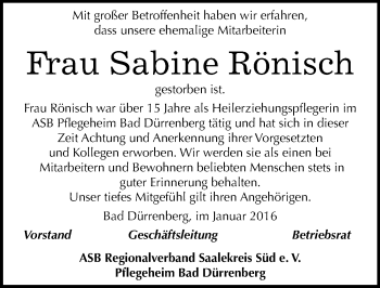 Traueranzeige von Sabine Rönisch von Mitteldeutsche Zeitung Merseburg/Querfurt