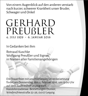 Traueranzeige von Gerhard Preußler von Mitteldeutsche Zeitung Weißenfels