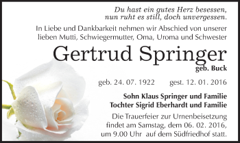 Traueranzeige von Gertrud Springer von Mitteldeutsche Zeitung Halle/Saalkreis