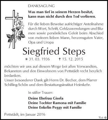 Traueranzeige von Siegfried Steps von WVG - Wochenspiegel NMB / WSF / ZTZ