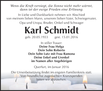 Traueranzeige von Karl Schmidt von WVG - Wochenspiegel Merseburg