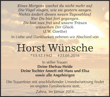 Traueranzeige von Horst Wünsche von Super Sonntag Wittenberg