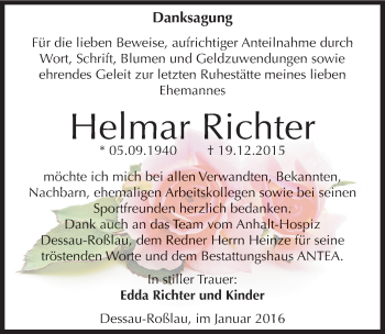 Traueranzeige von Helmar Richter von Mitteldeutsche Zeitung Dessau-Roßlau