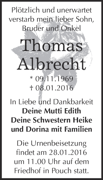 Traueranzeige von Thomas Albrecht von WVG - Wochenspiegel Bitterfeld
