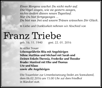 Traueranzeige von Franz Triebe von Mitteldeutsche Zeitung Halle/Saalkreis