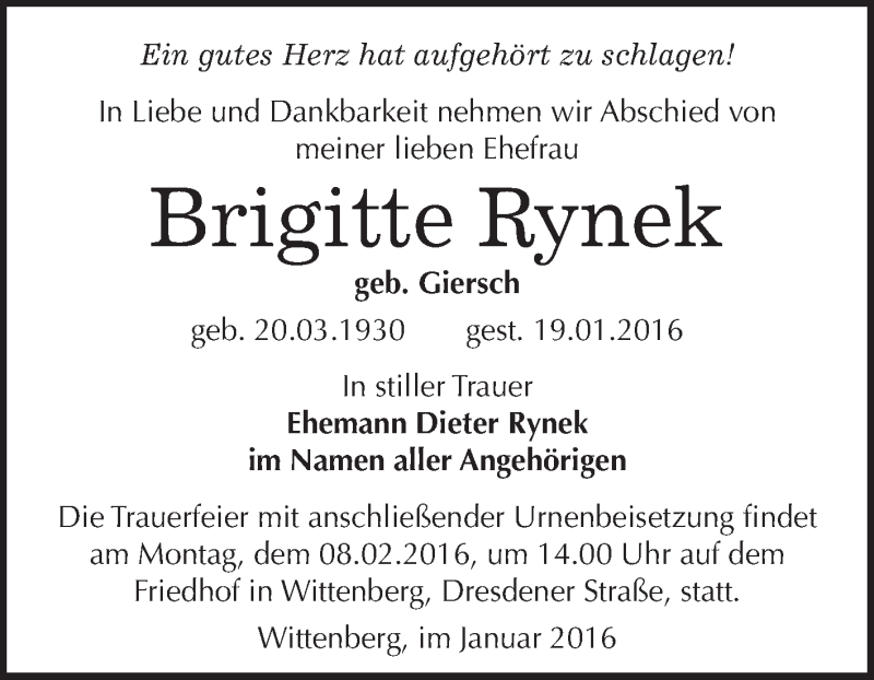  Traueranzeige für Brigitte Rynek vom 30.01.2016 aus WVG - Wochenspiegel Wittenberg