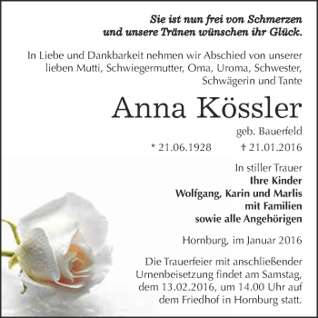 Traueranzeige von Anna Kössler von Super Sonntag SGH Mansf. Land