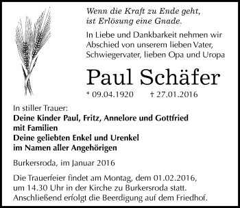 Traueranzeige von Paul Schäfer von Mitteldeutsche Zeitung Naumburg/Nebra