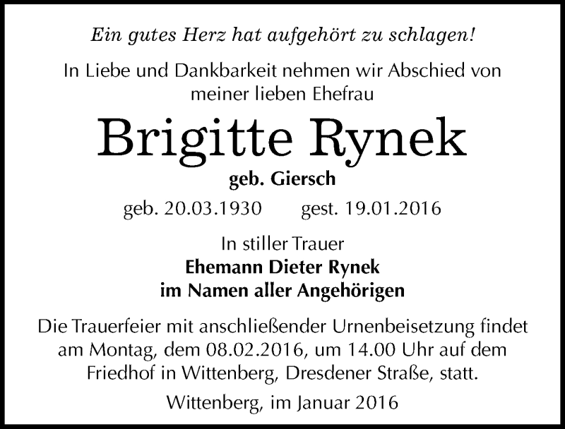  Traueranzeige für Brigitte Rynek vom 30.01.2016 aus Mitteldeutsche Zeitung Wittenberg