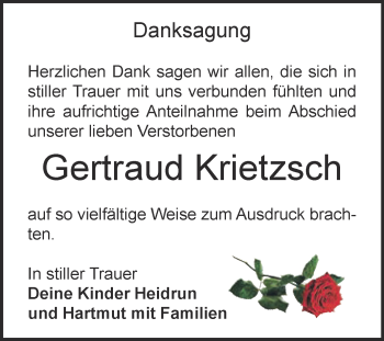 Traueranzeige von Gertraud Krietzsch von Super Sonntag Zeitz