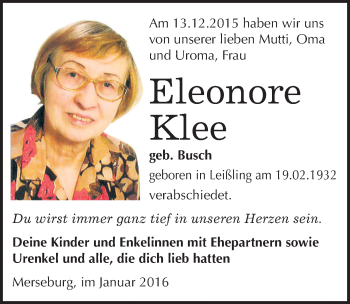 Traueranzeige von Eleonore Klee von Mitteldeutsche Zeitung Merseburg/Querfurt