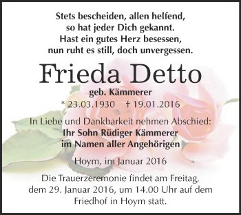 Traueranzeige von Frieda Detto von Super Sonntag Aschersleben