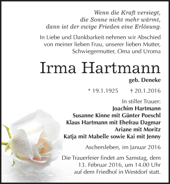 Traueranzeige von Irma Hartmann von Mitteldeutsche Zeitung Aschersleben