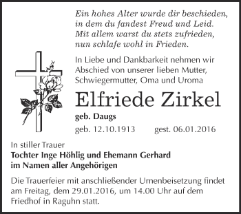 Traueranzeige von Elfriede Zirkel von WVG - Wochenspiegel Bitterfeld