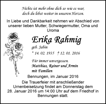 Traueranzeige von Erika Rahmig von Mitteldeutsche Zeitung Sangerhausen